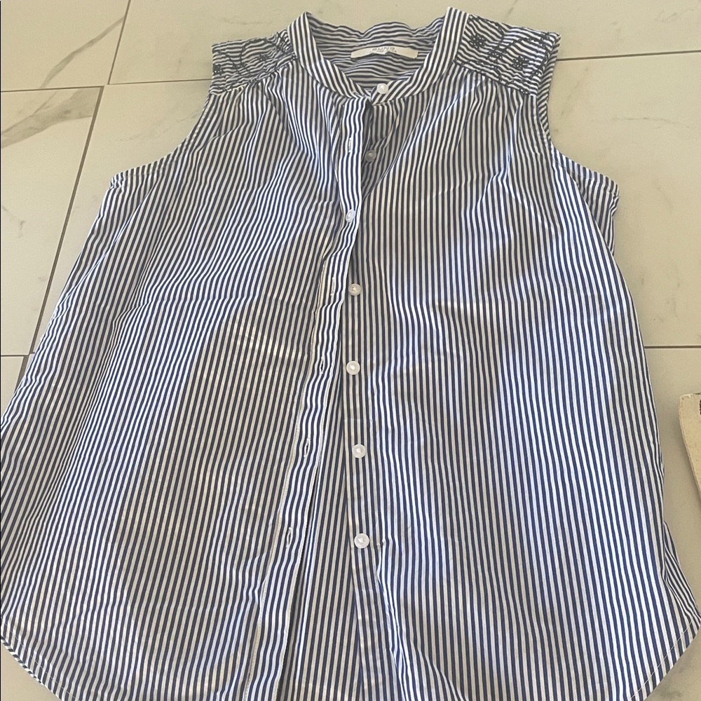 ALFRED SUNG Navy and White Striped Top
